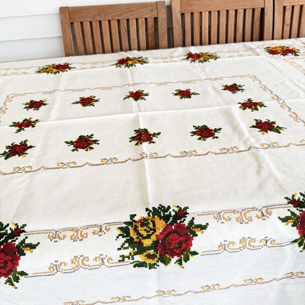 Vtg MCM Polish Linen Tablecloth Garden Collection Floral Petit Point 60x79 NOS - Picture 6 of 8